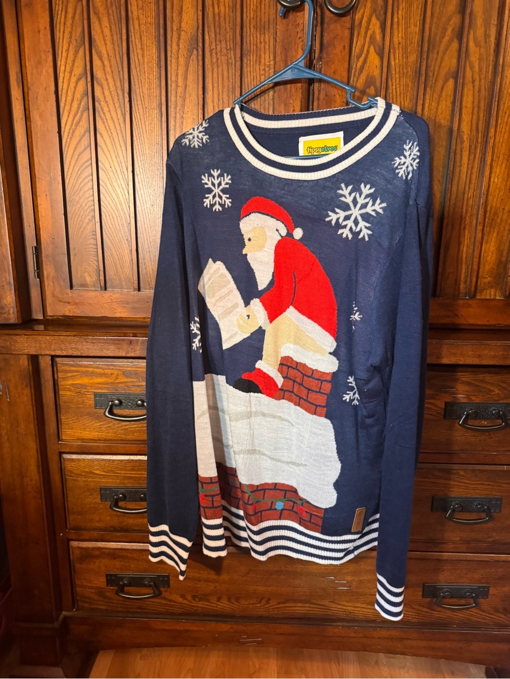 Tipsy Elves Navy Holiday Santa Crewneck Sweater with Red and White Accents